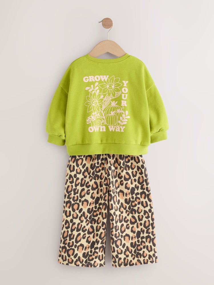 Buy Green Leopard Print Sweatshirt Wide Leg Trousers Set (3mths