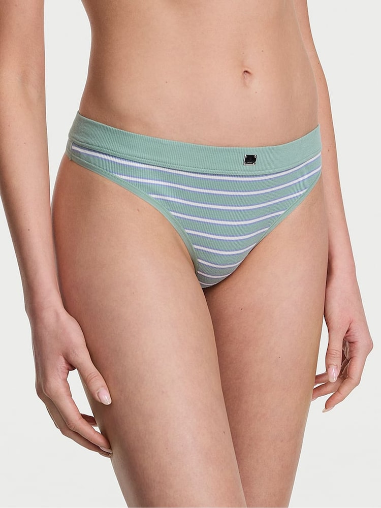 Victoria's Secret Seasalt Green Stripe Thong Cotton Rib Logo Knickers - Image 1 of 2