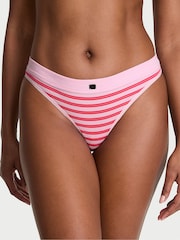 Victoria's Secret Pretty Blossom Pink Stripe Thong Cotton Rib Logo Knickers - Image 1 of 2