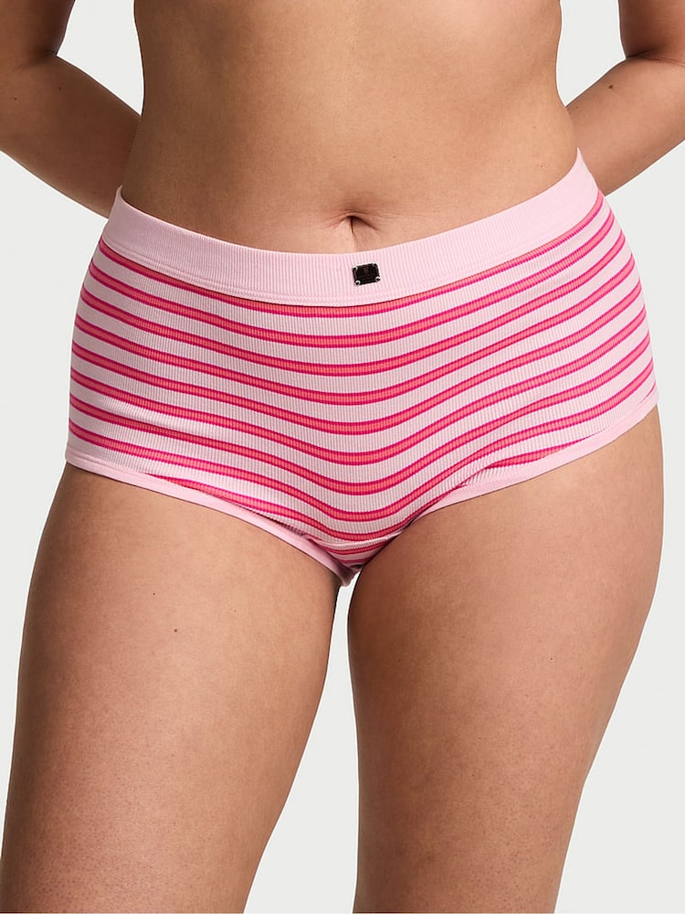 Victoria's Secret Pretty Blossom Pink Stripe Short Cotton Rib Logo Knickers - Image 1 of 2