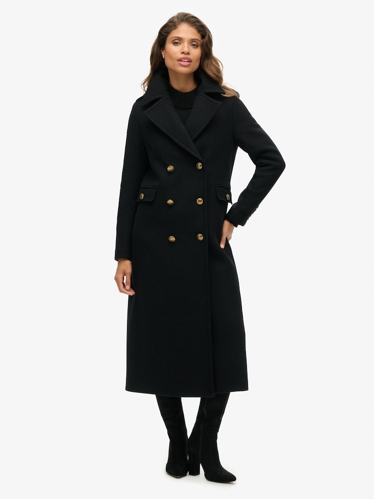 Superdry Black Double Breasted Wool Coat - Image 1 of 3