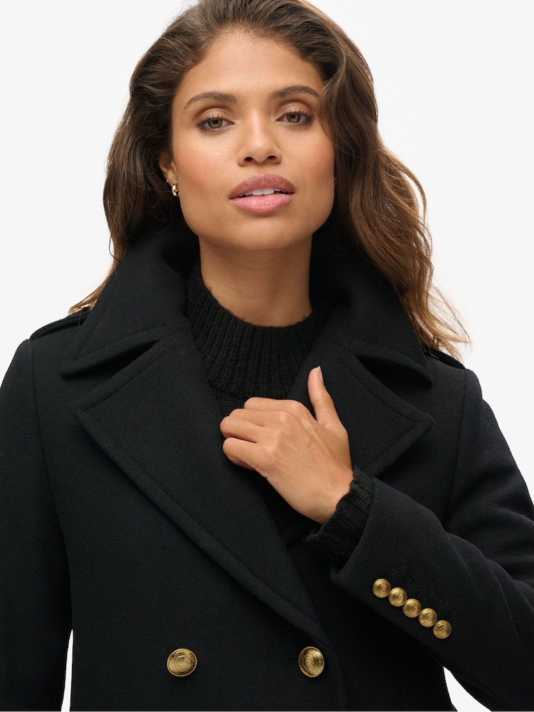 Superdry Black Double Breasted Wool Coat - Image 3 of 3