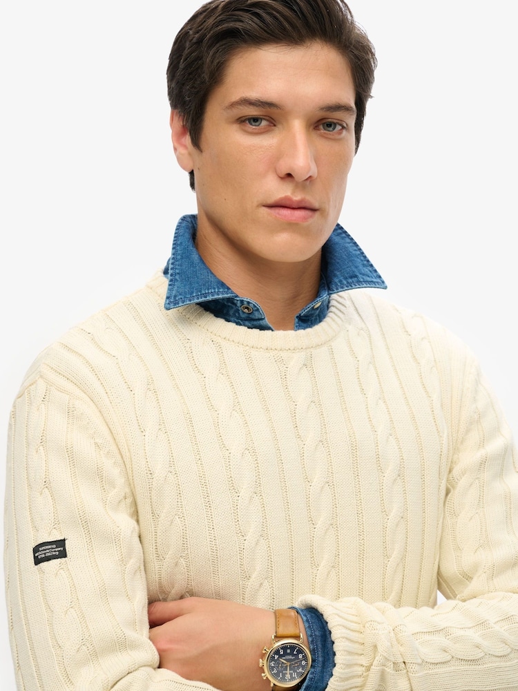 Superdry Cream Cotton Classic Cable Knit Crew Jumper - Image 3 of 3