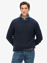 Superdry Blue 100% Organic Cotton Classic Cable Knit Crew Jumper - Image 1 of 3