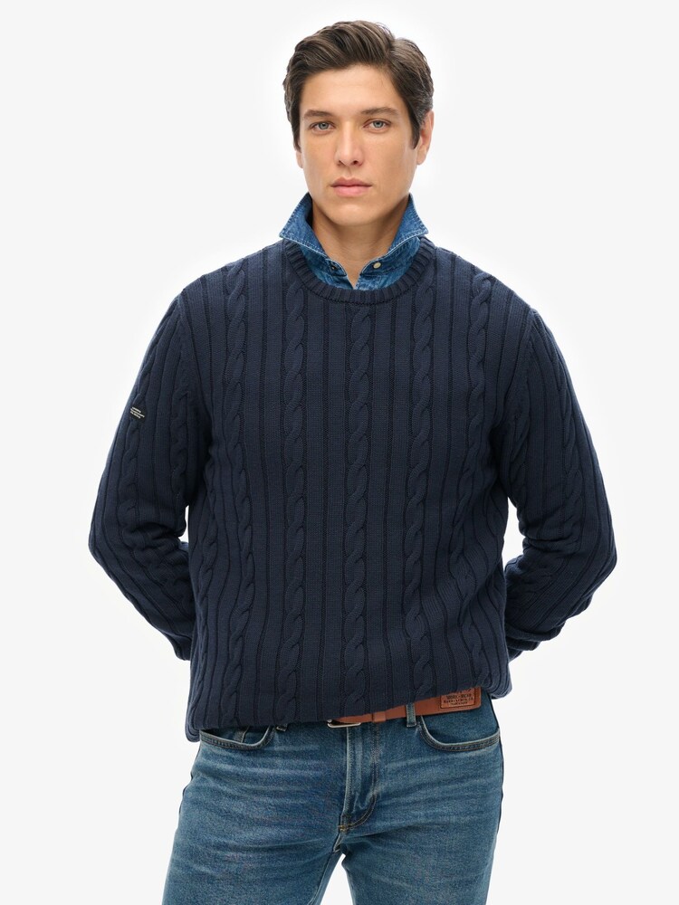 Superdry Blue 100% Organic Cotton Classic Cable Knit Crew Jumper - Image 1 of 3