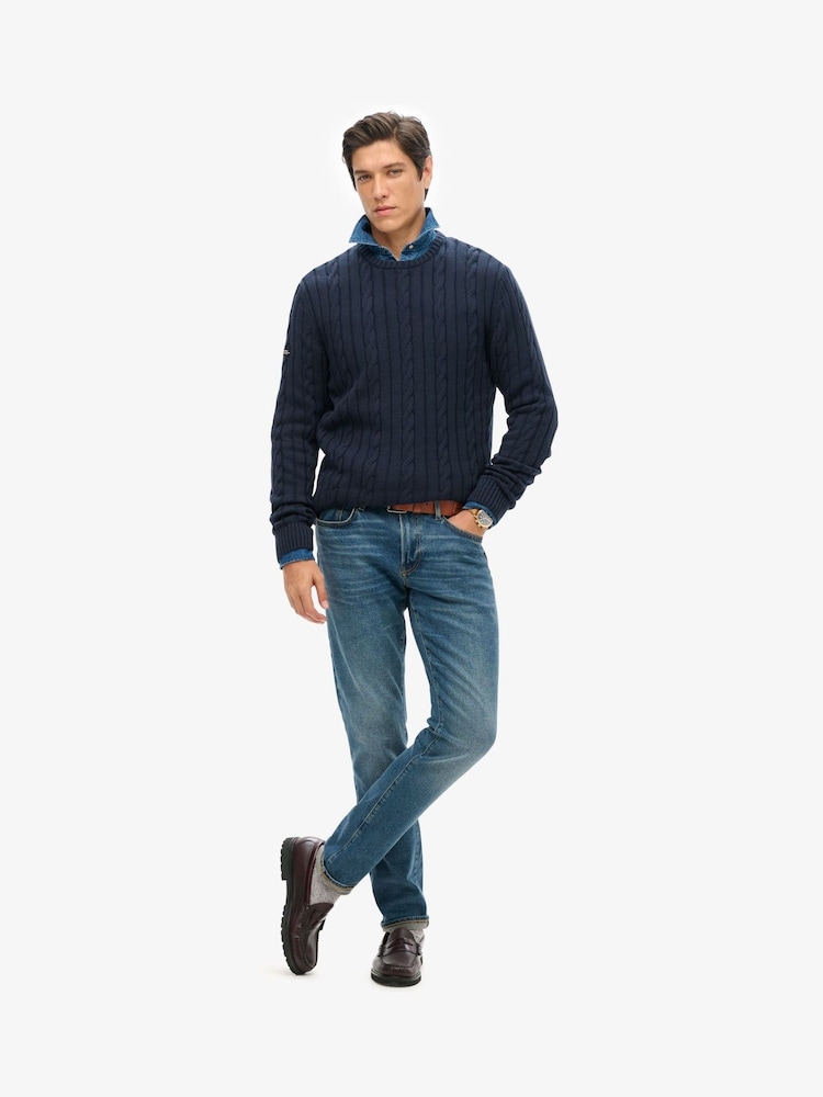 Superdry Blue 100% Organic Cotton Classic Cable Knit Crew Jumper - Image 2 of 3