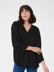 Kaffe KAariel V-Neck Sateen Regular Fit Black Blouse - Image 1 of 5
