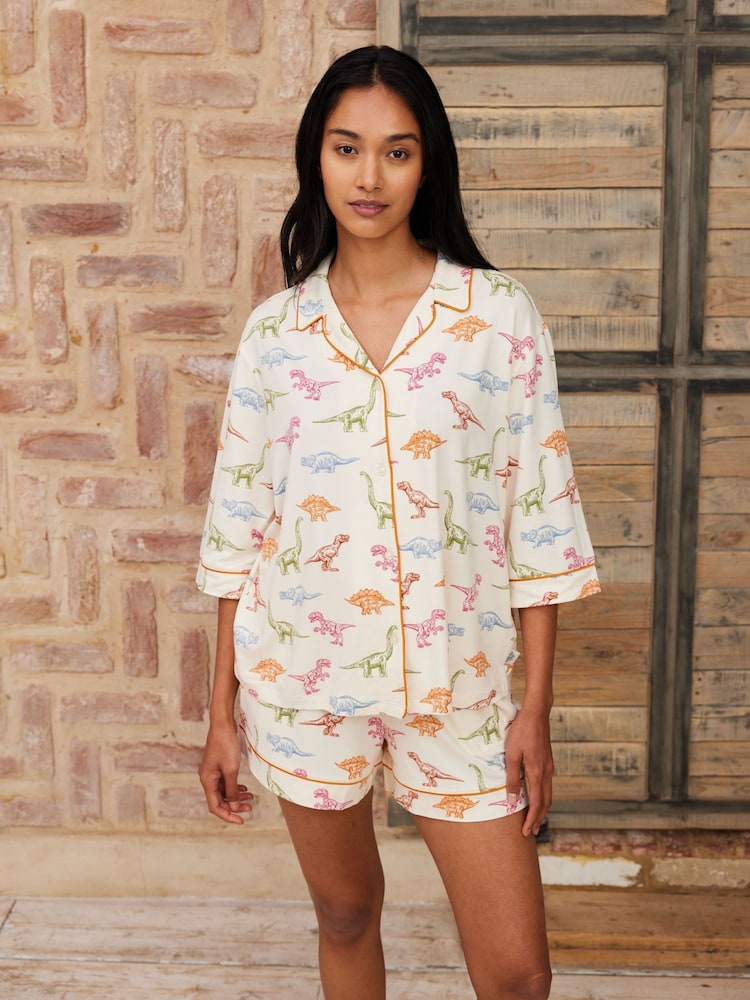 Chelsea Peers White Short Pyjamas Dinosaur Print Long Pyjama Set - Image 3 of 5