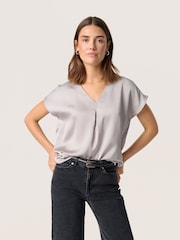 Soaked in Luxury Grey Ioana Short Sleeve V-Neck Blouse - Image 1 of 6