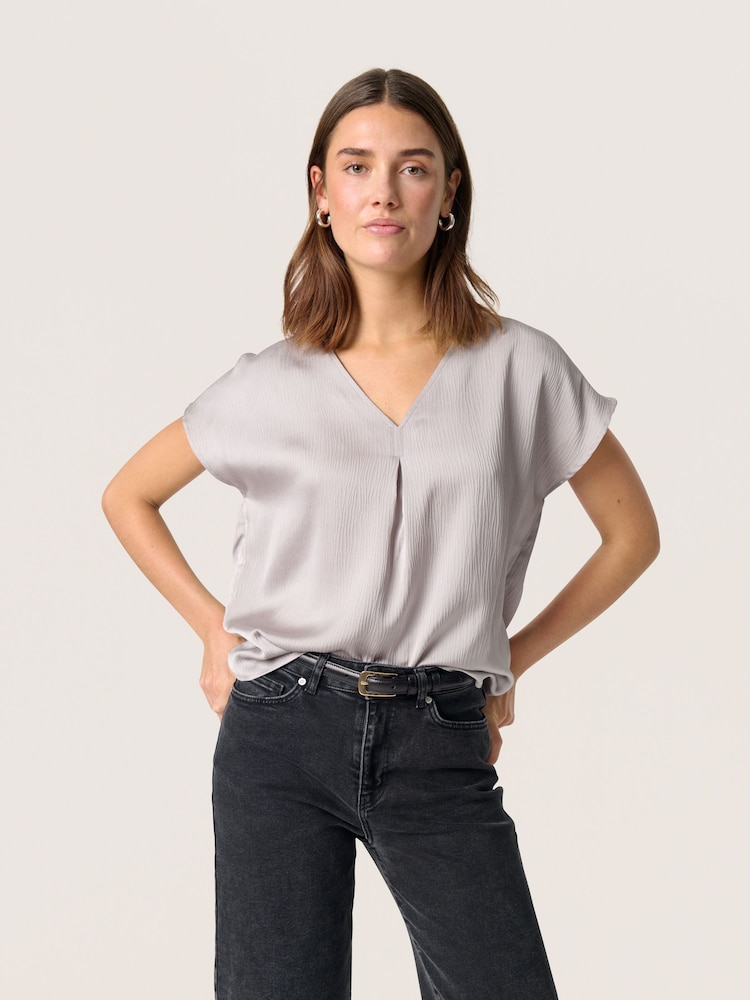 Soaked in Luxury Grey Ioana Short Sleeve V-Neck Blouse - Image 1 of 6