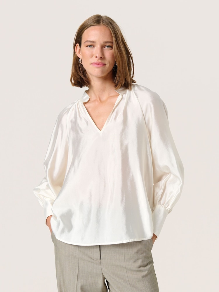 Soaked in Luxury Karolina Satin V-Notch Neck White Blouse - Image 1 of 6 Soaked in Luxury Karolina Satin V-Notch Neck White Blouse - Image 1 of 6