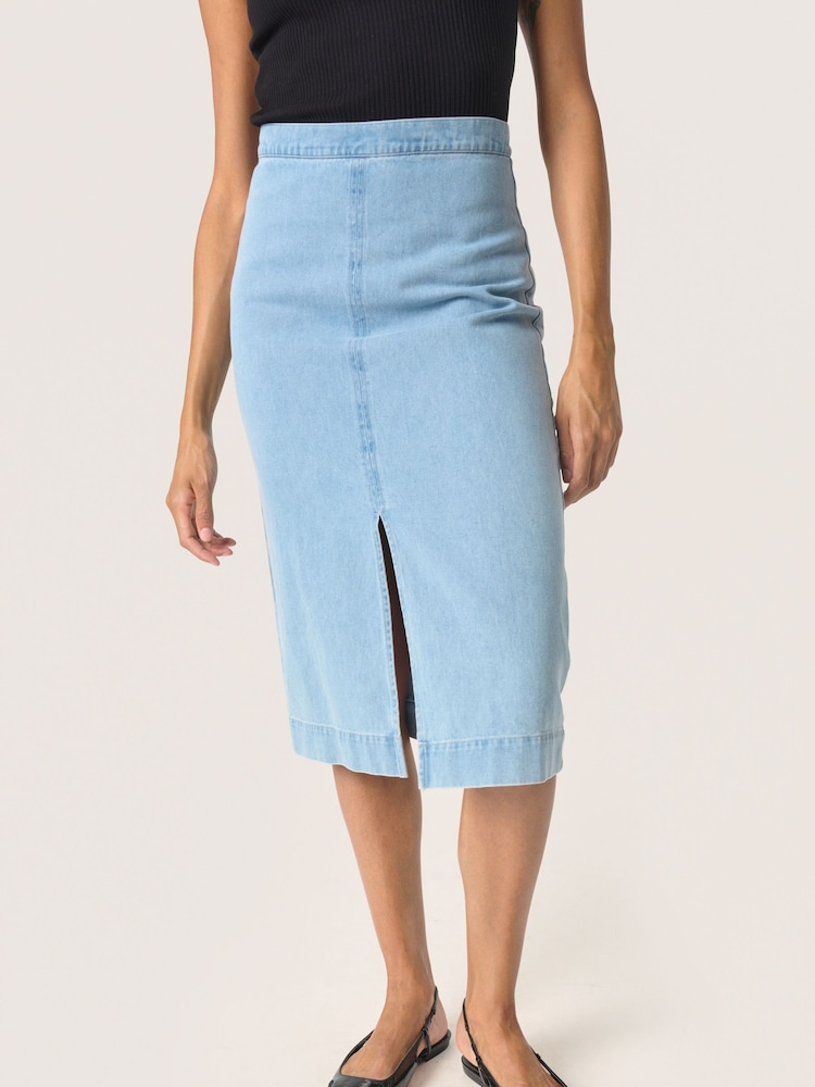 Soaked in Luxury Blue Annabeth Denim Below Knee Pencil 100% Cotton Skirt - Image 1 of 6 Soaked in Luxury Blue Annabeth Denim Below Knee Pencil 100% Cotton Skirt - Image 1 of 6