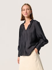 Soaked in Luxury Karolina Satin V-Notch Neck Black Blouse - Image 1 of 6