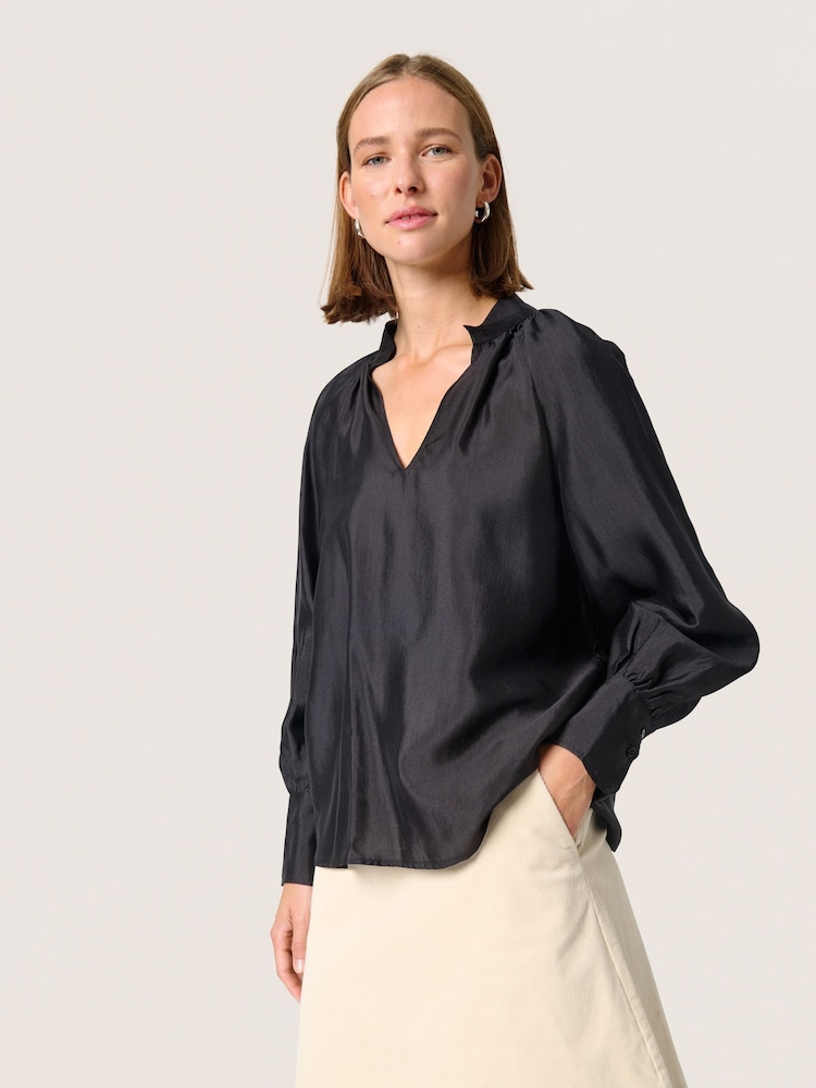 Soaked in Luxury Karolina Satin V-Notch Neck Black Blouse - Image 1 of 6