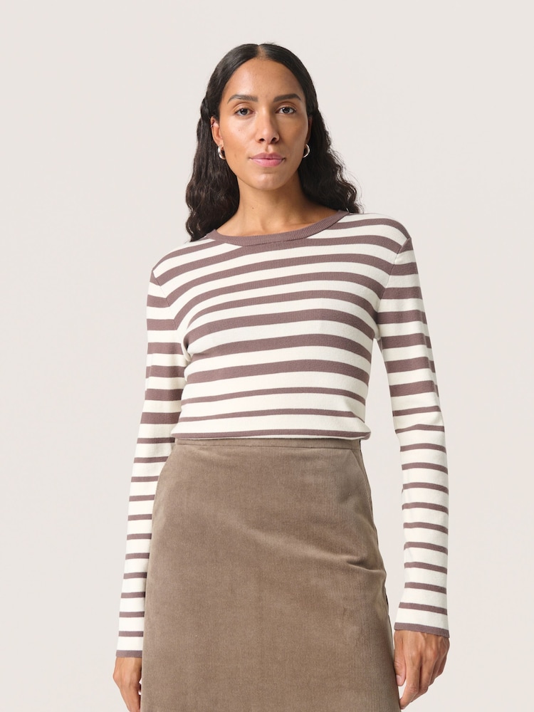 Soaked in Luxury Spina Crew Neck Striped Brown Pullover Jumper - Image 1 of 6
