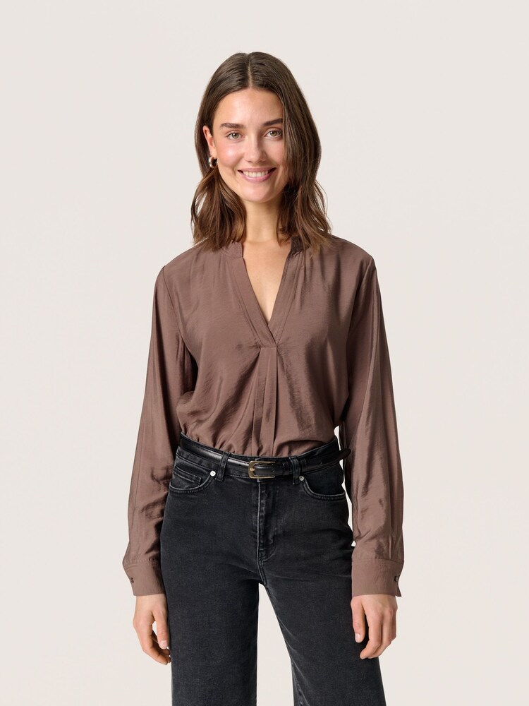 Soaked in Luxury Leodora V-Notch Neck Satin Brown Blouse - Image 1 of 7 Soaked in Luxury Leodora V-Notch Neck Satin Brown Blouse - Image 1 of 7