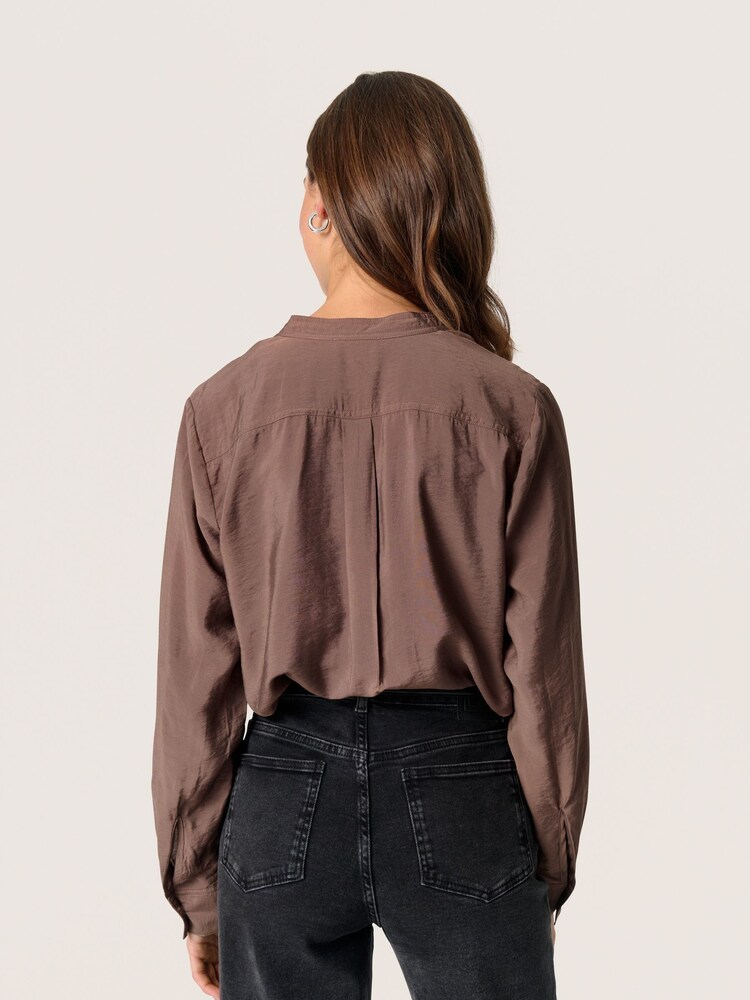 Soaked in Luxury Leodora V-Notch Neck Satin Brown Blouse - Image 2 of 7 Soaked in Luxury Leodora V-Notch Neck Satin Brown Blouse - Image 2 of 7