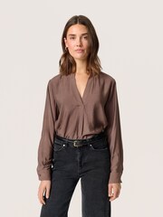 Soaked in Luxury Leodora V-Notch Neck Satin Brown Blouse - Image 5 of 7
