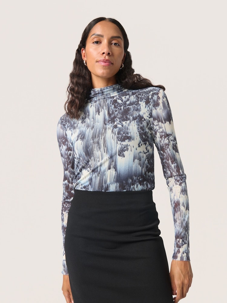 Soaked in Luxury Blue Hartley Printed Mesh Mockneck T-Shirt - Image 1 of 6 Soaked in Luxury Blue Hartley Printed Mesh Mockneck T-Shirt - Image 1 of 6