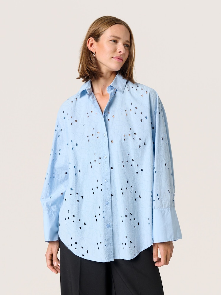 Soaked in Luxury Blue Iva Eyelet Lace Loose Fit 100% Cotton Shirt - Image 1 of 6