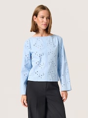 Soaked in Luxury Blue Iva Eyelet Lace Boat Neck 100% Cotton Blouse - Image 1 of 6