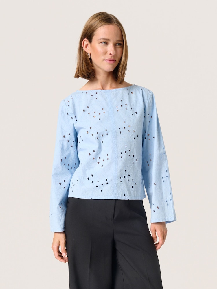 Soaked in Luxury Blue Iva Eyelet Lace Boat Neck 100% Cotton Blouse - Image 1 of 6