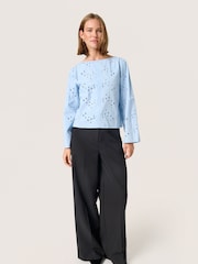 Soaked in Luxury Blue Iva Eyelet Lace Boat Neck 100% Cotton Blouse - Image 3 of 6