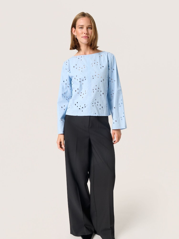 Soaked in Luxury Blue Iva Eyelet Lace Boat Neck 100% Cotton Blouse - Image 3 of 6