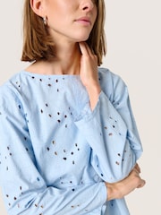 Soaked in Luxury Blue Iva Eyelet Lace Boat Neck 100% Cotton Blouse - Image 4 of 6