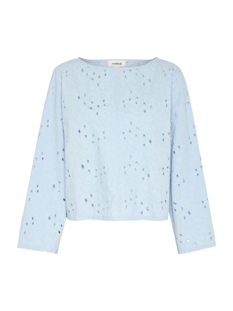Soaked in Luxury Blue Iva Eyelet Lace Boat Neck 100% Cotton Blouse - Image 5 of 6