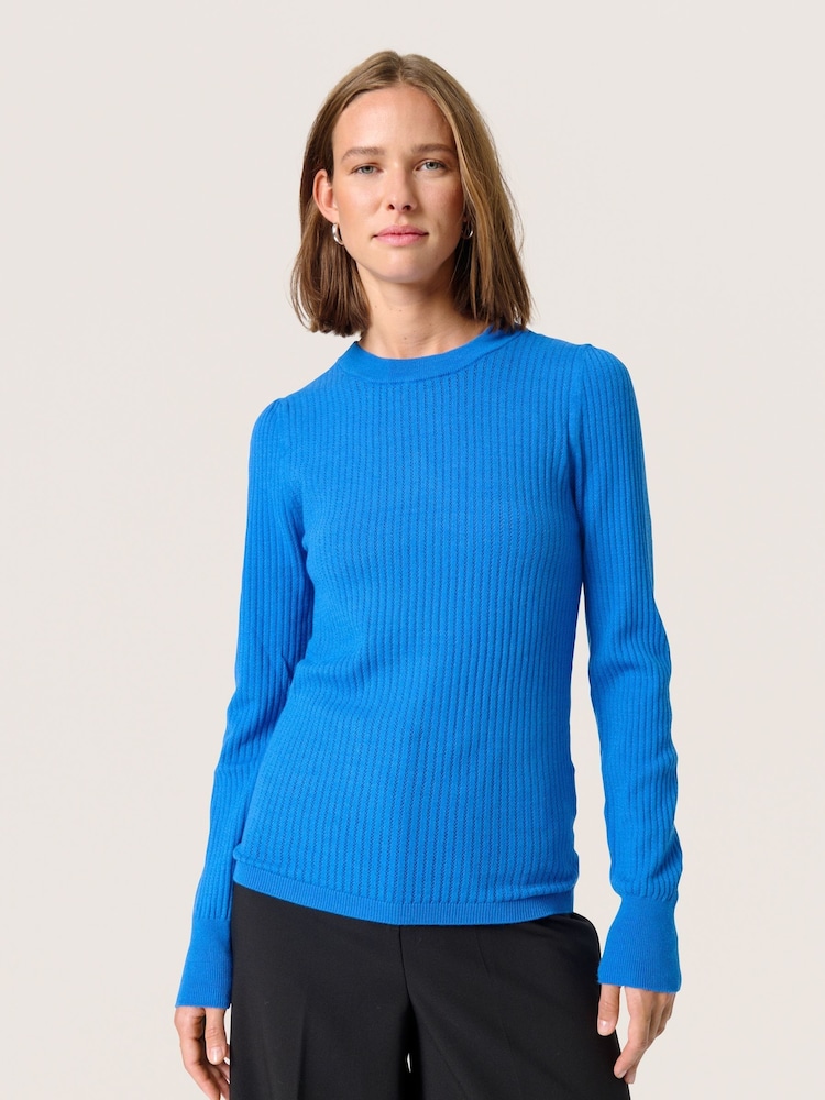 Soaked in Luxury Blue Spina Slim Fit Crew Neck Pullover Jumper - Image 1 of 6 Soaked in Luxury Blue Spina Slim Fit Crew Neck Pullover Jumper - Image 1 of 6
