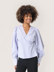 Soaked in Luxury Blue Oriana V-Neck Long Sleeves Wrap 100% Cotton Blouse - Image 1 of 6
