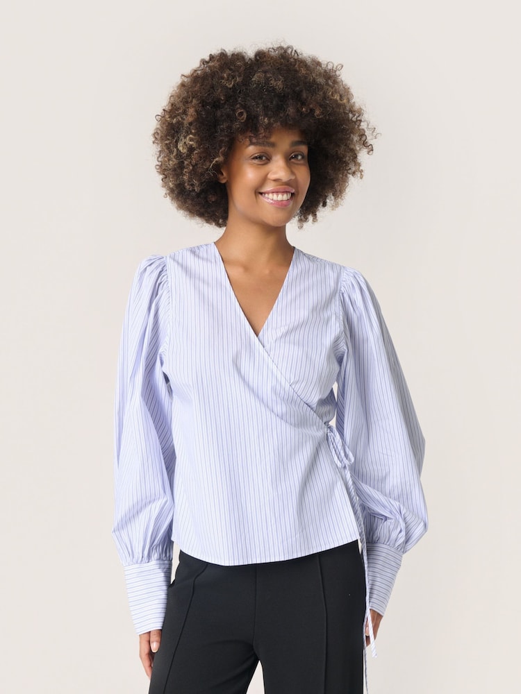 Soaked in Luxury Blue Oriana V-Neck Long Sleeves Wrap 100% Cotton Blouse - Image 1 of 6