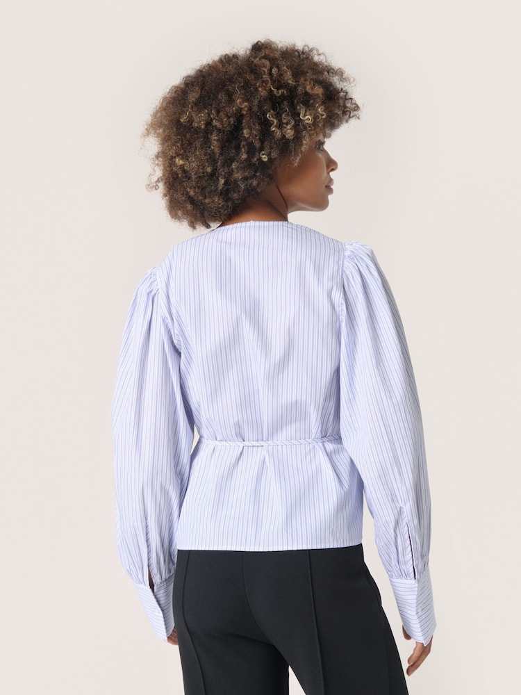 Soaked in Luxury Blue Oriana V-Neck Long Sleeves Wrap 100% Cotton Blouse - Image 2 of 6