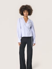 Soaked in Luxury Blue Oriana V-Neck Long Sleeves Wrap 100% Cotton Blouse - Image 3 of 6