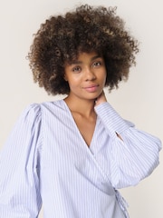 Soaked in Luxury Blue Oriana V-Neck Long Sleeves Wrap 100% Cotton Blouse - Image 4 of 6