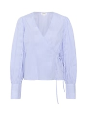 Soaked in Luxury Blue Oriana V-Neck Long Sleeves Wrap 100% Cotton Blouse - Image 5 of 6