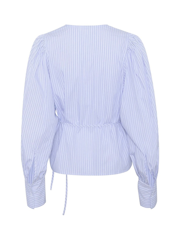 Soaked in Luxury Blue Oriana V-Neck Long Sleeves Wrap 100% Cotton Blouse - Image 6 of 6