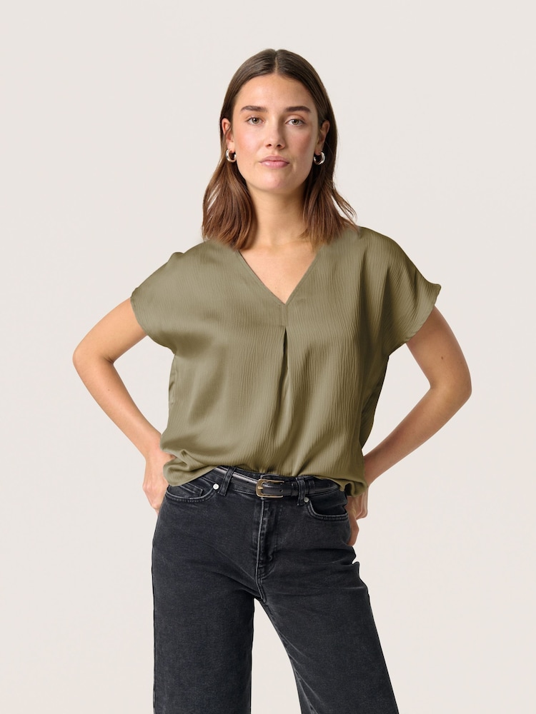 Soaked in Luxury Green Ioana Short Sleeve V-Neck Blouse - Image 1 of 6