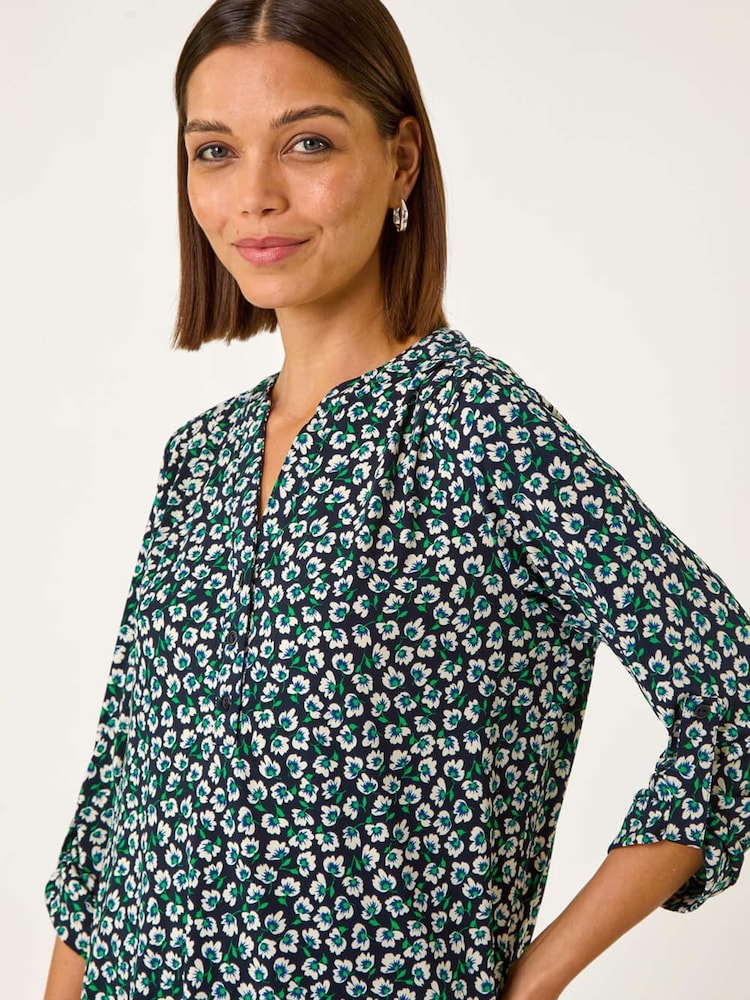 Roman Blue Floral Print 3 Button Shirt - Image 2 of 4