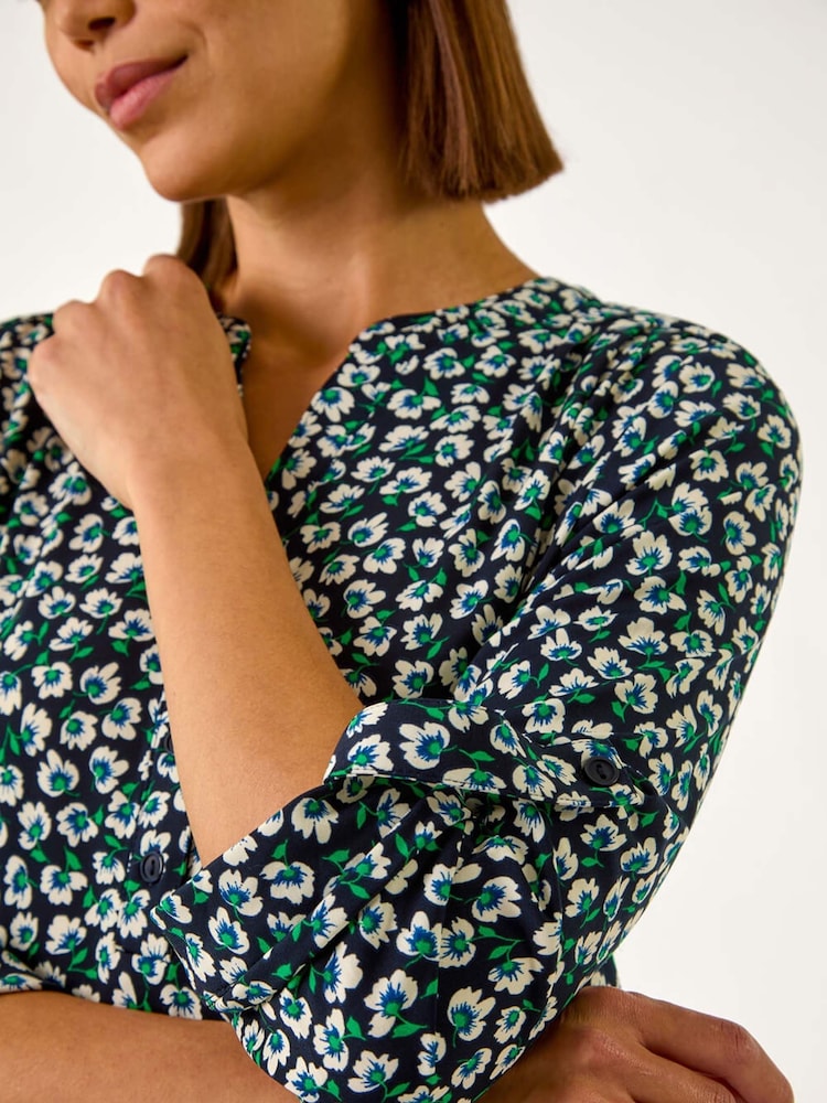 Roman Blue Floral Print 3 Button Shirt - Image 4 of 4