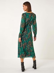 Roman Blue Abstract Print Shirred Cuff Midi Dress - Image 2 of 5