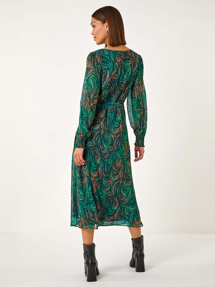 Roman Blue Abstract Print Shirred Cuff Midi Dress - Image 2 of 5