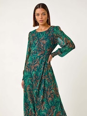 Roman Blue Abstract Print Shirred Cuff Midi Dress - Image 3 of 5