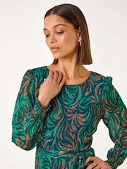 Roman Blue Abstract Print Shirred Cuff Midi Dress - Image 4 of 5