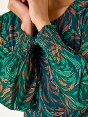 Roman Blue Abstract Print Shirred Cuff Midi Dress - Image 5 of 5