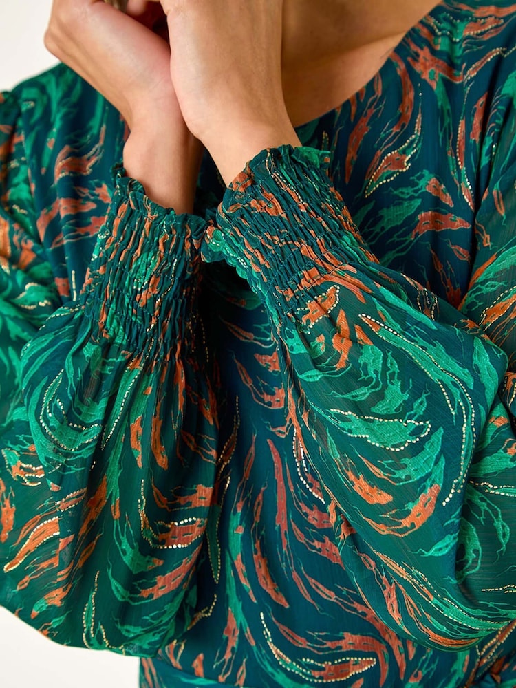Roman Blue Abstract Print Shirred Cuff Midi Dress - Image 5 of 5