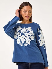 Roman Blue Floral Appliqué Detail Stretch 100% Cotton Top - Image 1 of 5