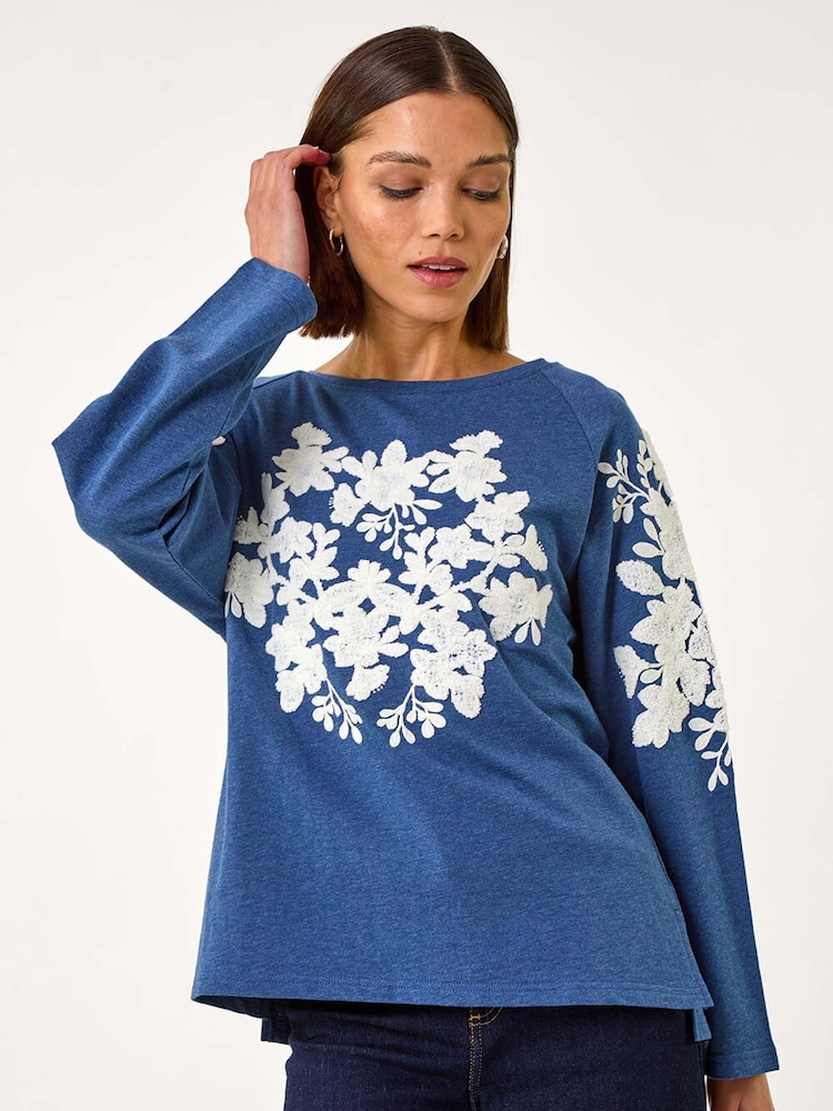 Roman Blue Floral Appliqué Detail Stretch 100% Cotton Top - Image 1 of 5