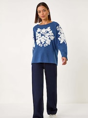 Roman Blue Floral Appliqué Detail Stretch 100% Cotton Top - Image 2 of 5